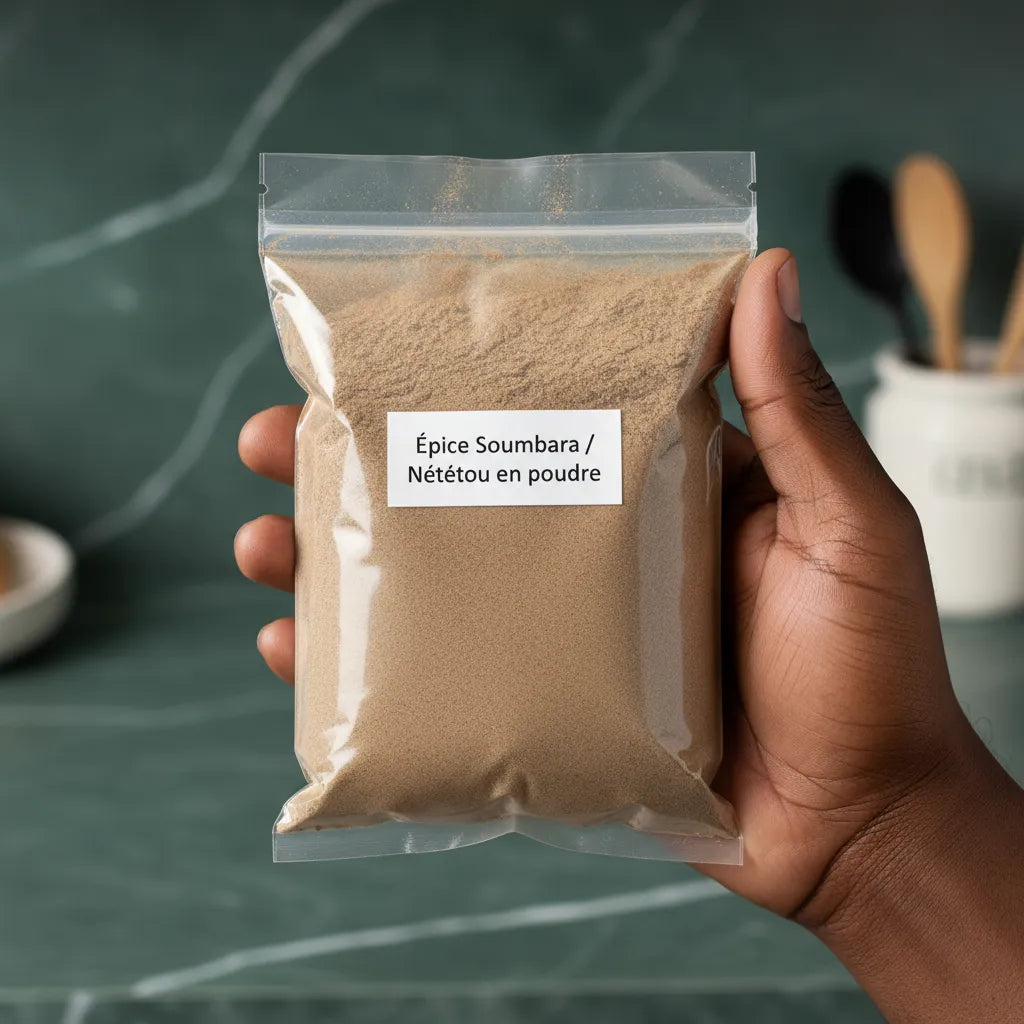 Main tenant un sachet d'épice Soumbara en poudre, produit d'épicerie salée ouest-africaine pour rehausser les plats avec goût umami.